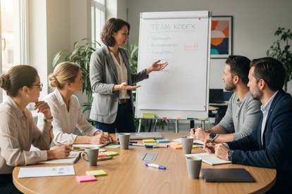 Teilnehmer eines Meetings sitzen gemeinsam an einem Tisch, KI-generiertes Bild